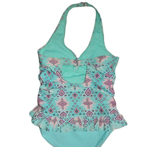 WONDER NATION girl's medium 7/8 aqua mint one piece tribal swimsuit - Picture 5 of 12
